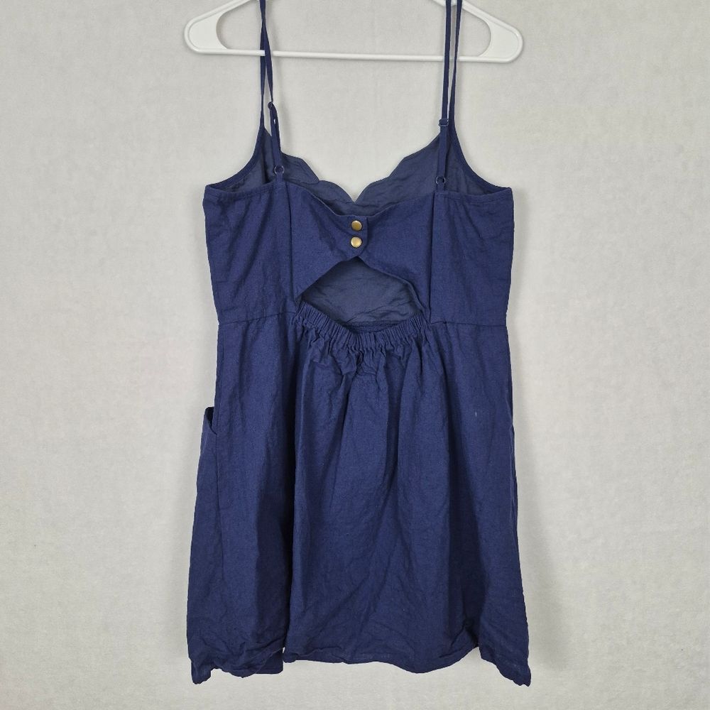 Pixley XL Navy Mini Linen Dress Sweetheart Neckline Back Cutout Pockets Feminine